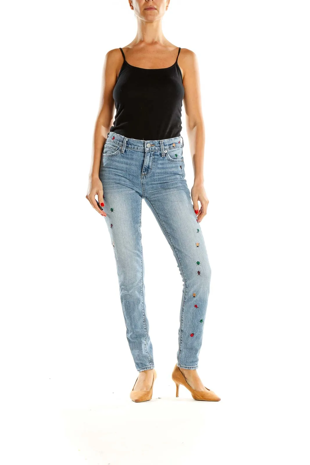 Blue Embroidered Skinny Jeans