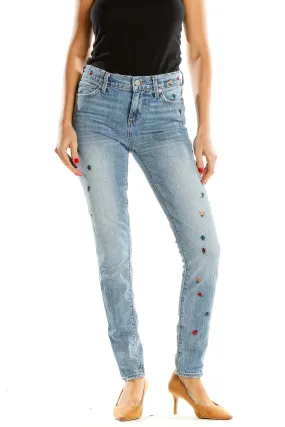 Blue Embroidered Skinny Jeans