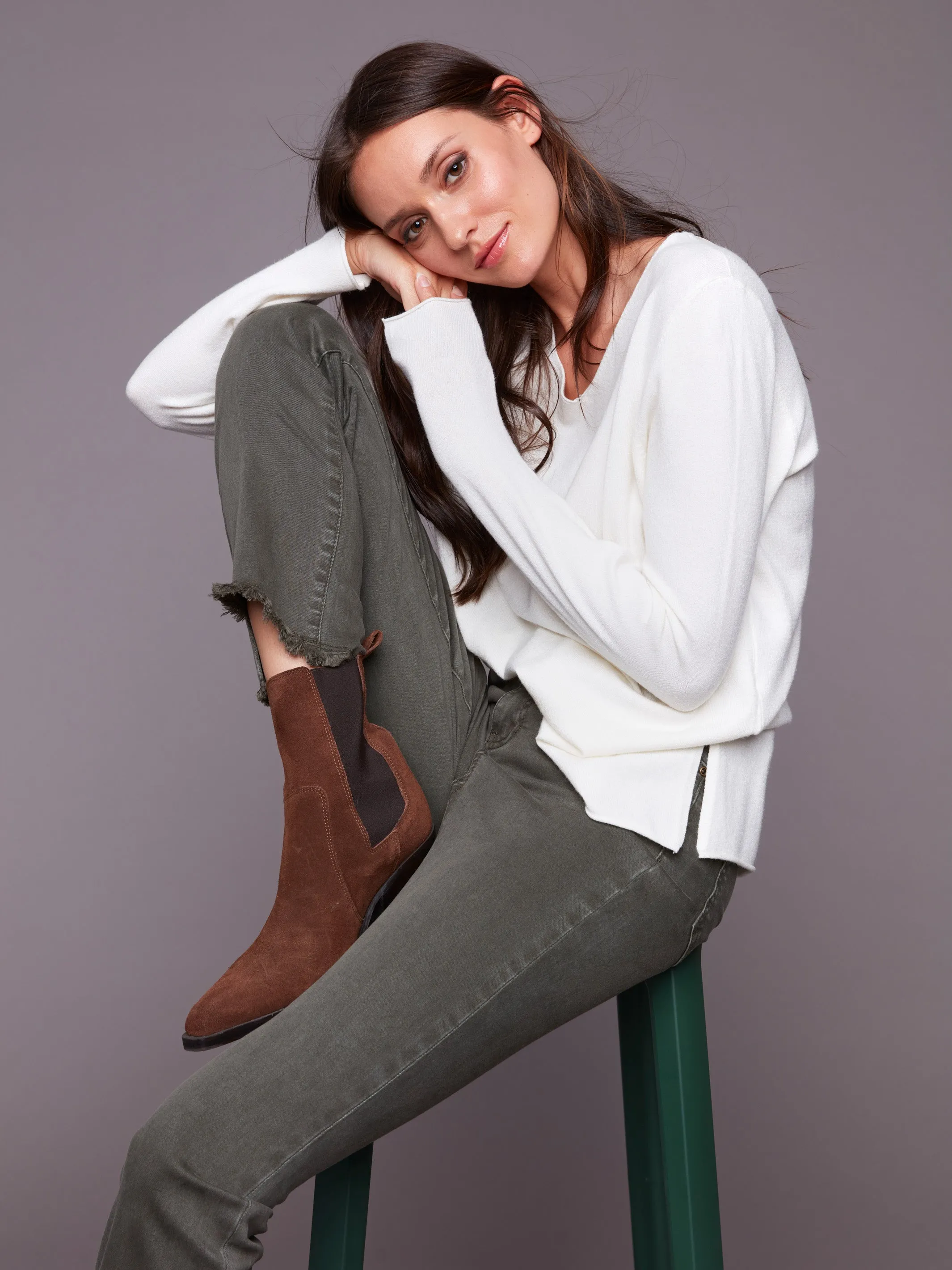 Bootcut Twill Pants with Asymmetrical Hem - Spruce