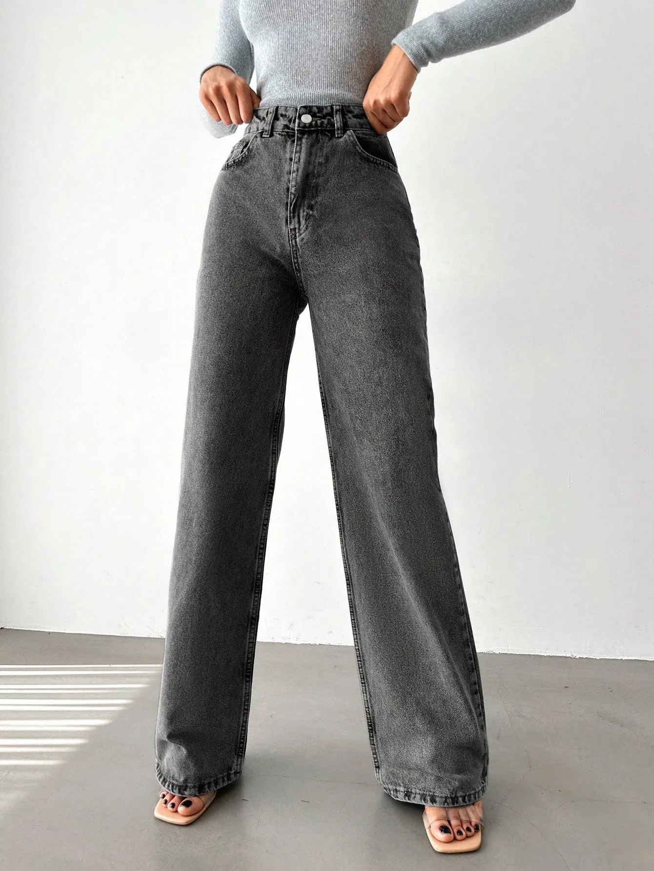 Charcoal Wide Leg High Rise Jeans