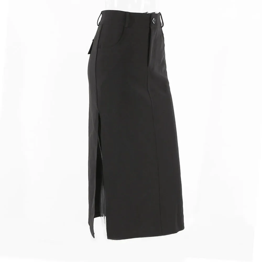 Dark Y2K Streetwear Black Cargo Midi Skirt with High Waist and Split Design