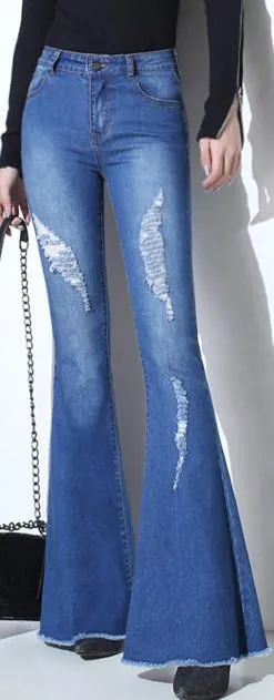 Distressed Faded Frayed-Hem Flared Jeans