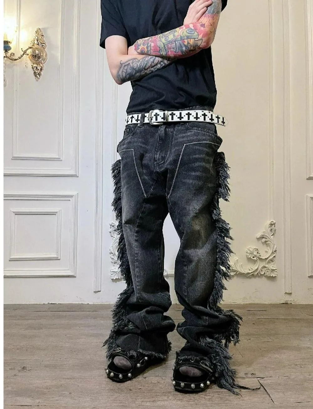 Distressed Fur-Trimmed Gothic Jeans