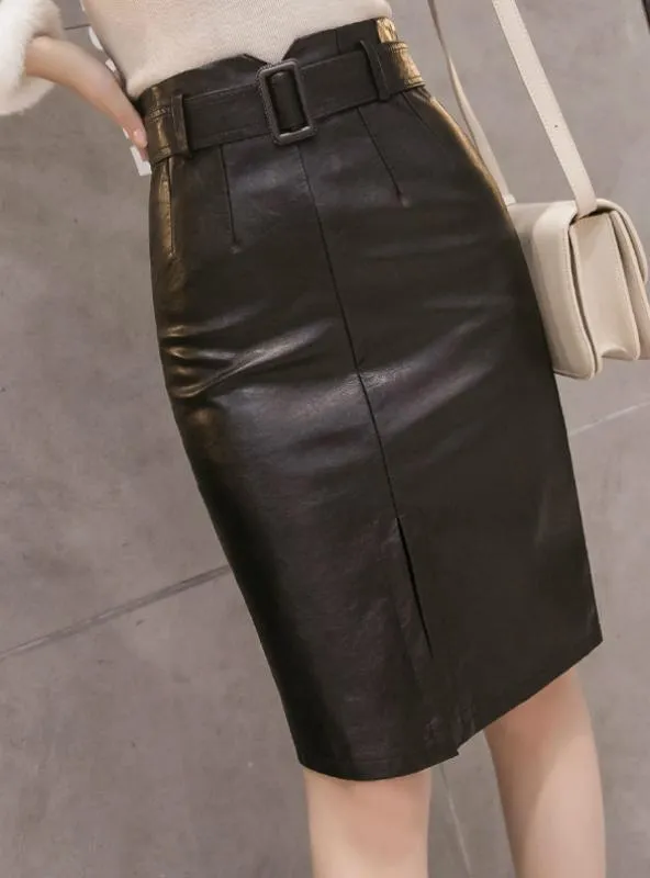 ELEGANT PENCIL MIDI SKIRTS HIGH WAIST BLACK PU LEATHER