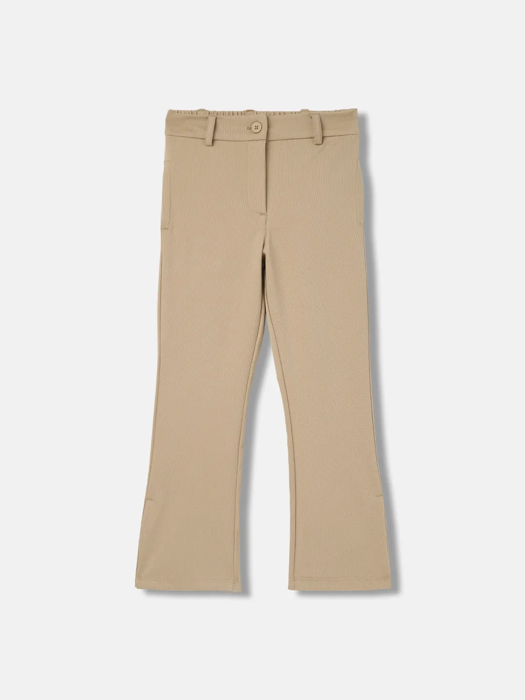 Elle Girls Beige Solid Bootcut Mid-Rise Trouser