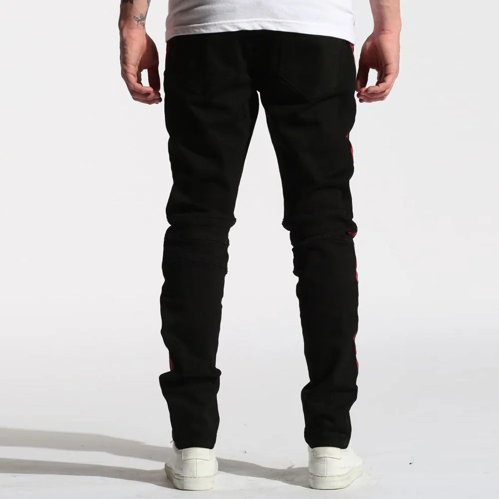 Embellish Racer Biker Denim With Red Contrast Side Stripe