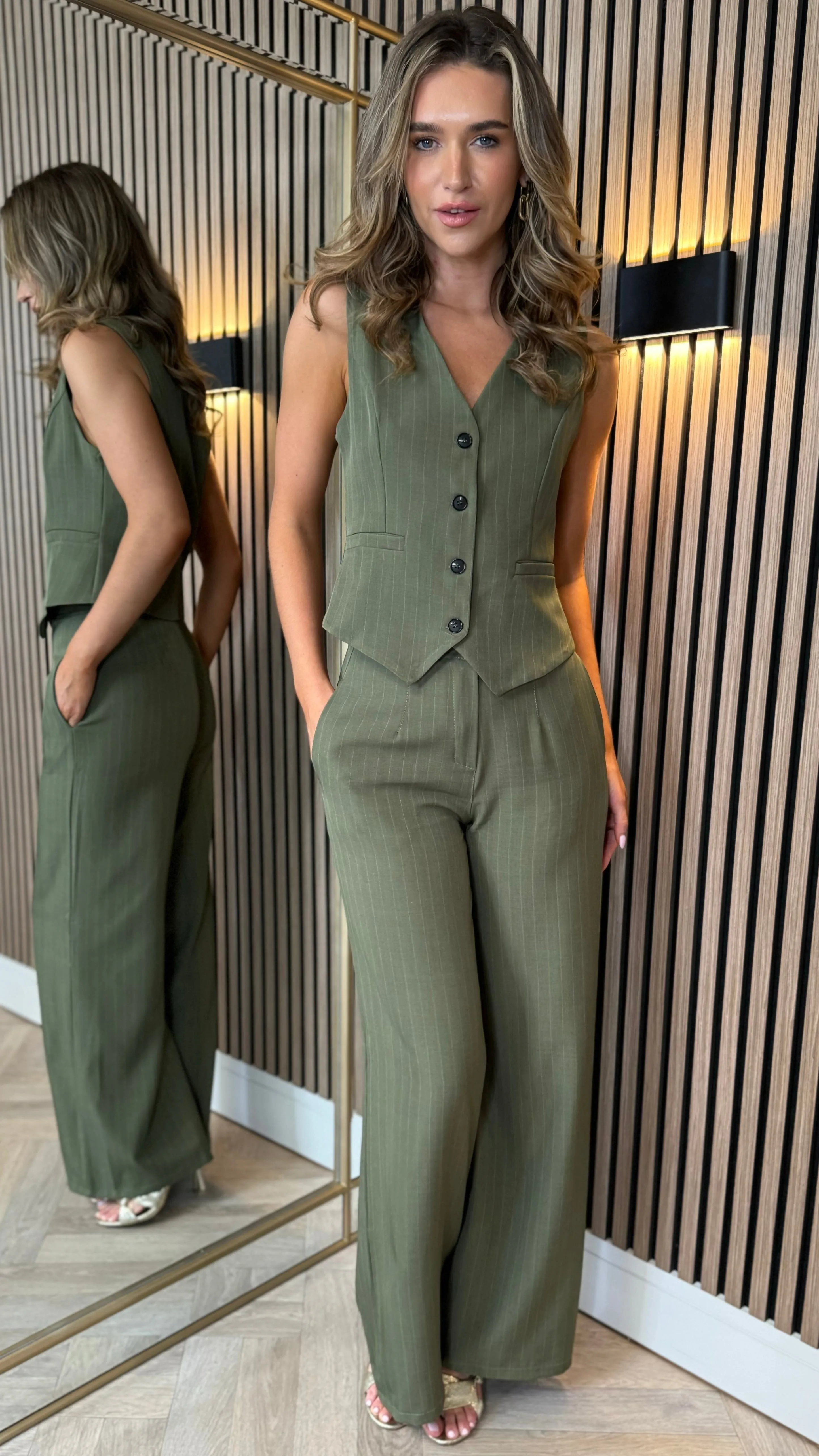 Enya Khaki Pinstripe Waistcoat & Trousers Co Ord