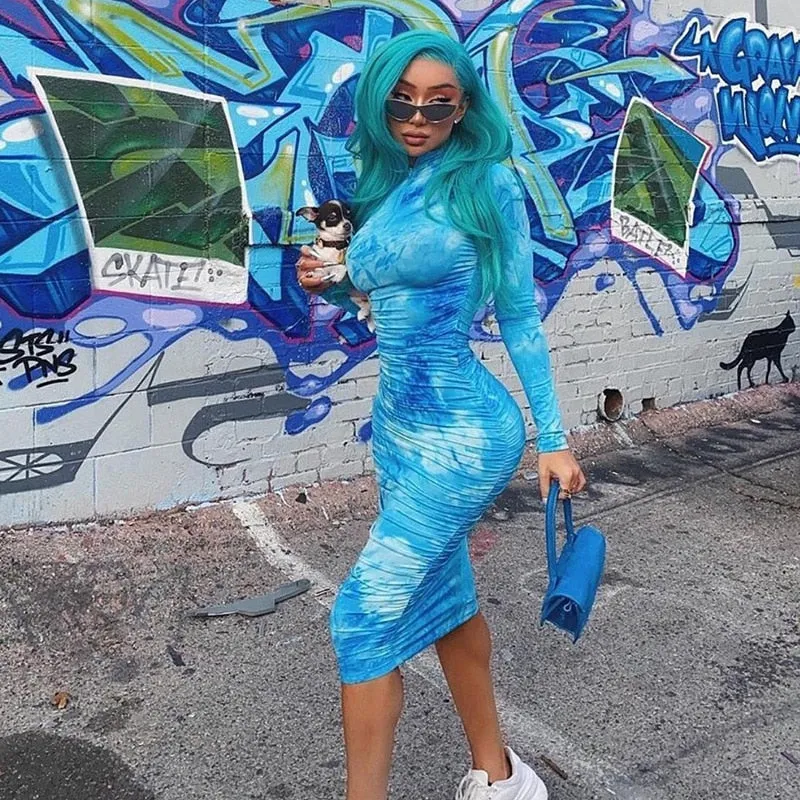 Fashionkova 2022 Spring  Long Sleeve Tie Dye Ruched Bodycon Sexy Midi Dress Women Streetwear Outfits Party Bright Clothing