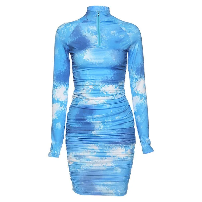 Fashionkova 2022 Spring  Long Sleeve Tie Dye Ruched Bodycon Sexy Midi Dress Women Streetwear Outfits Party Bright Clothing