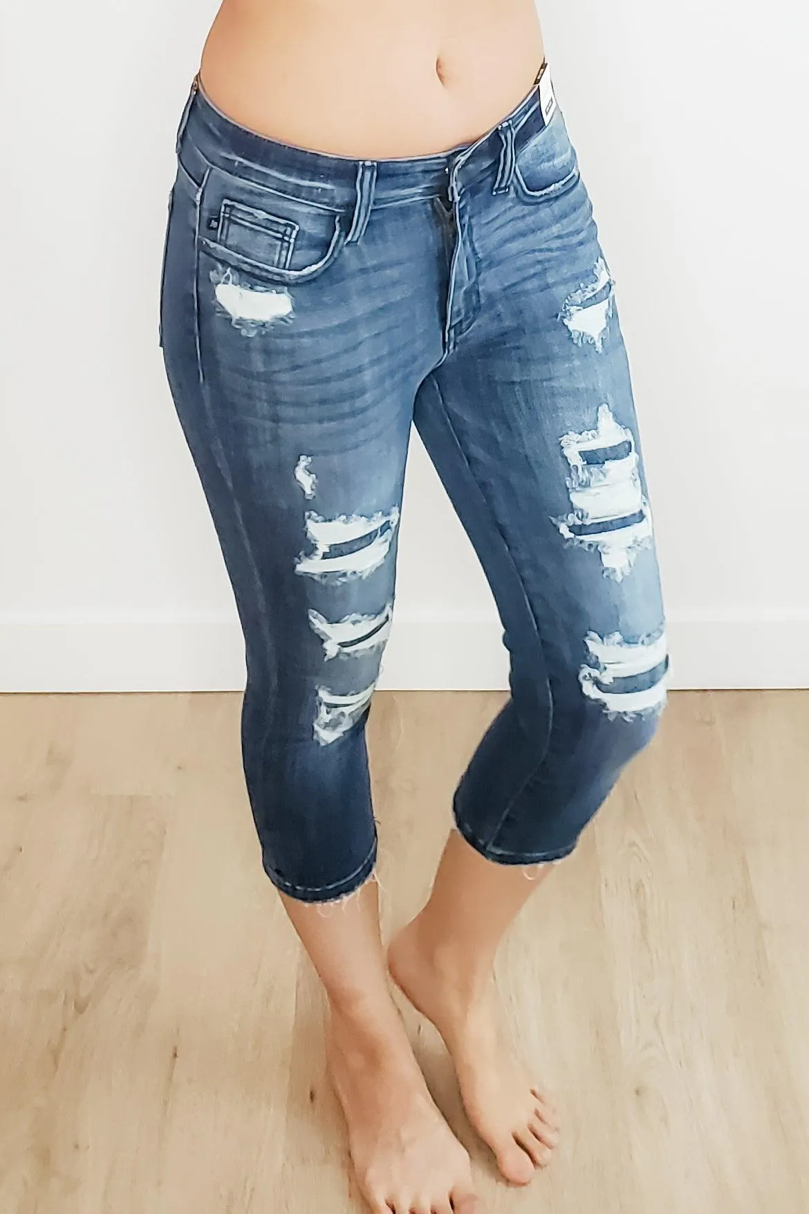 FINAL SALE - Mid Rise Contrast Patch Skinny Capri Jeans