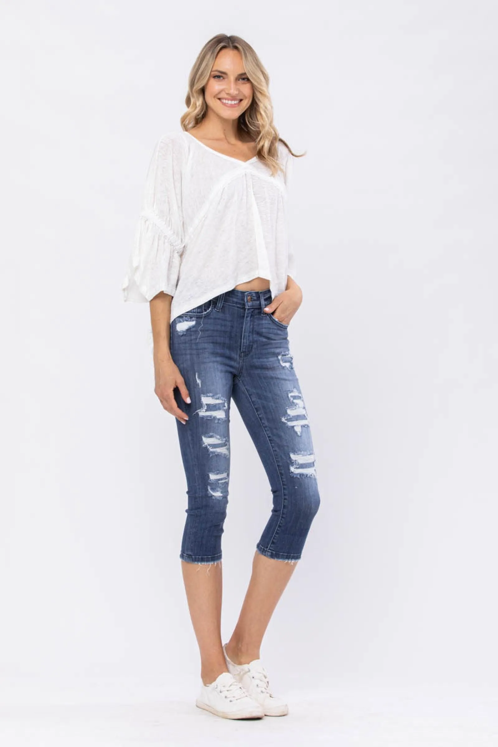 FINAL SALE - Mid Rise Contrast Patch Skinny Capri Jeans