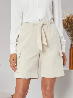 Flap Pocket Side Self Belted Cuffed Bermuda Shorts