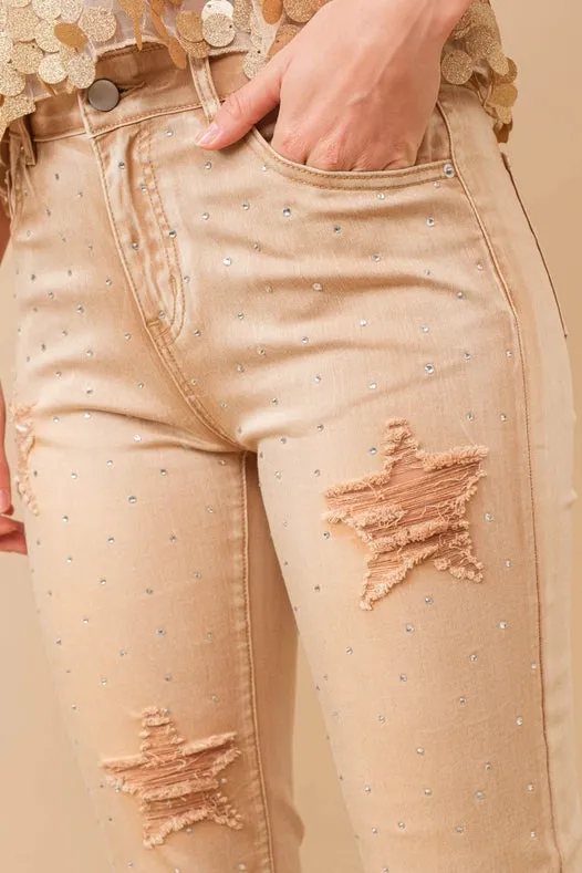 Garment Wash Star Crop Denim Skinny Jeans Tan