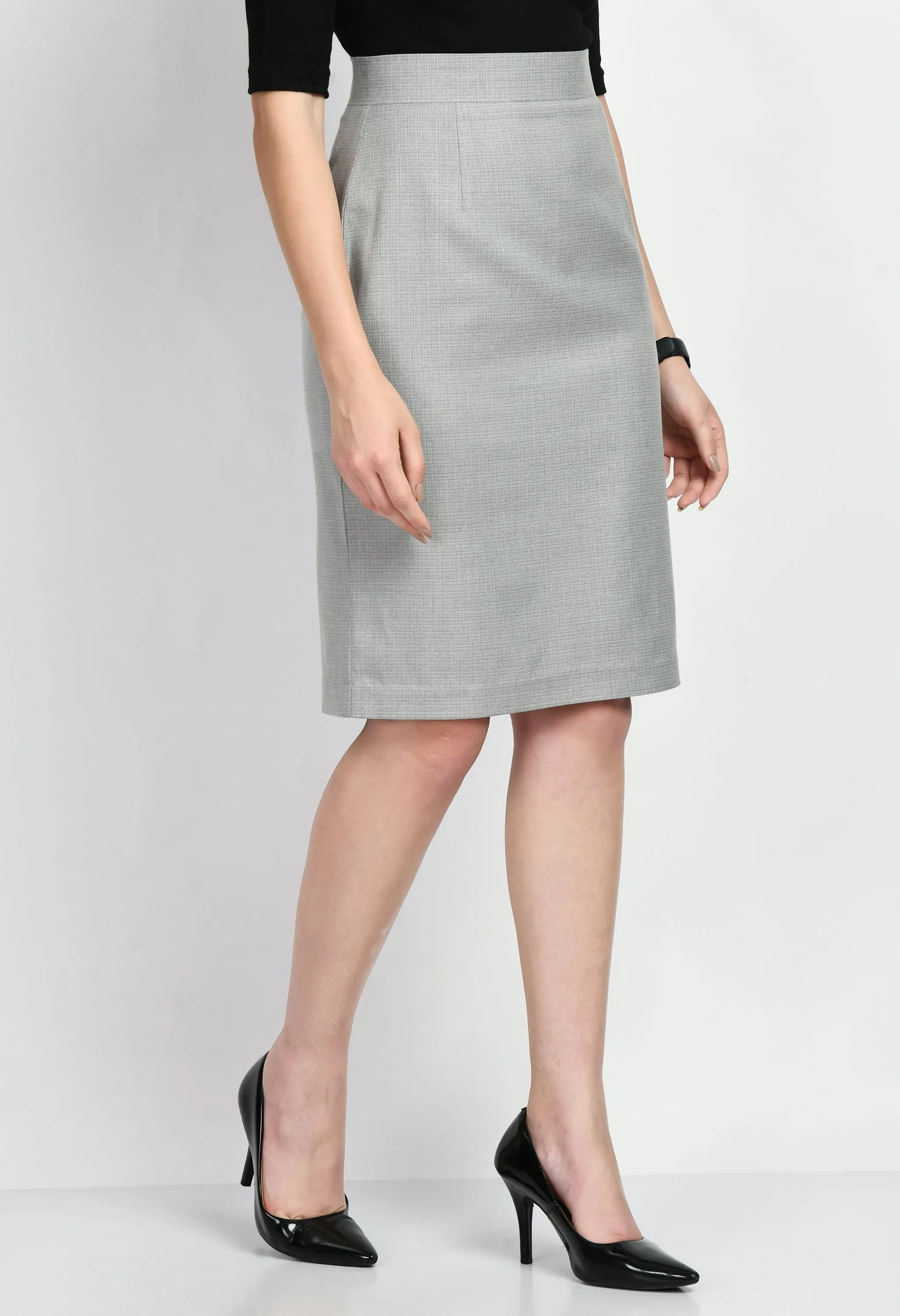 Grey Cotton Blend Empathy Checked Pencil Skirt