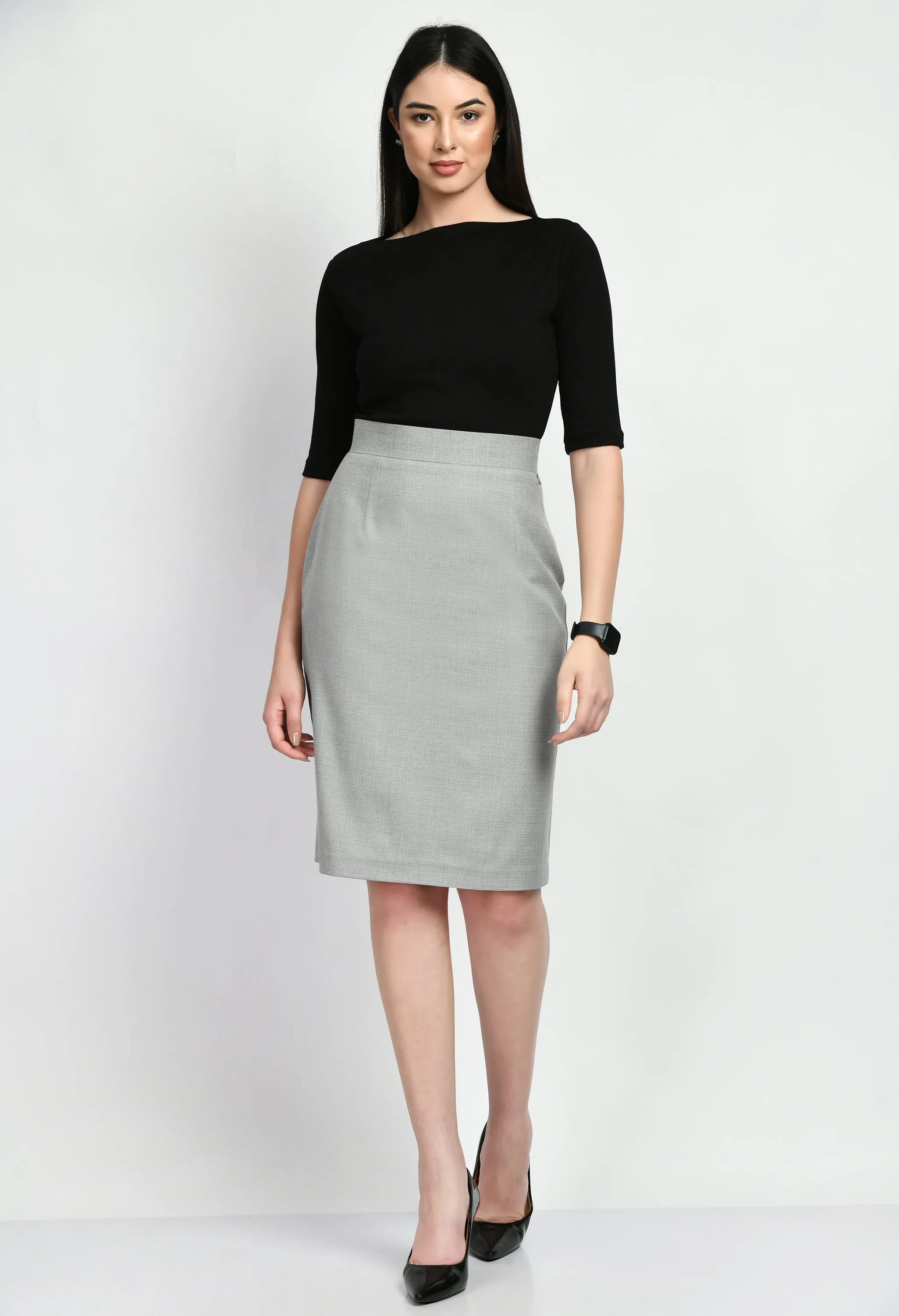 Grey Cotton Blend Empathy Checked Pencil Skirt