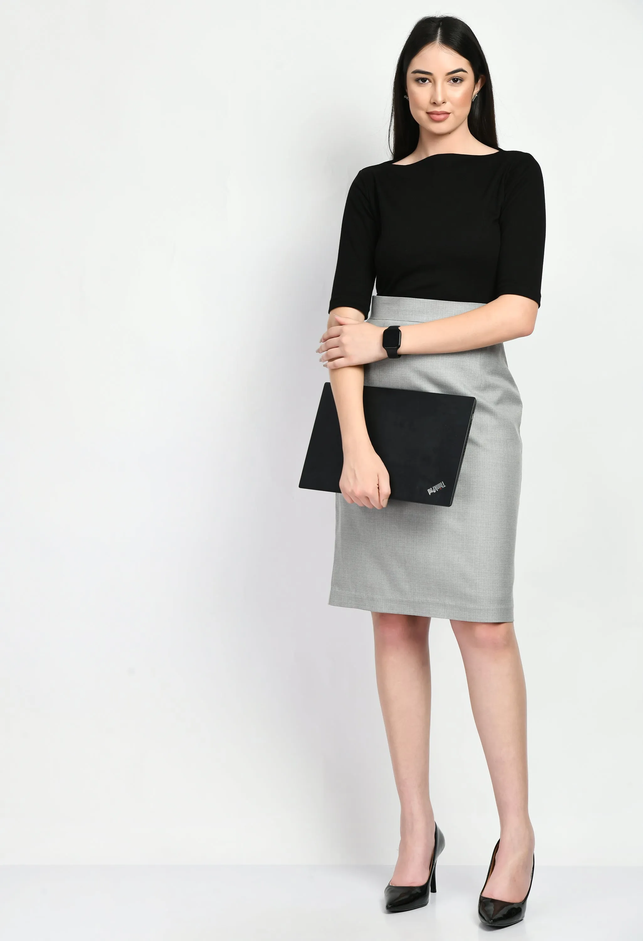 Grey Cotton Blend Empathy Checked Pencil Skirt