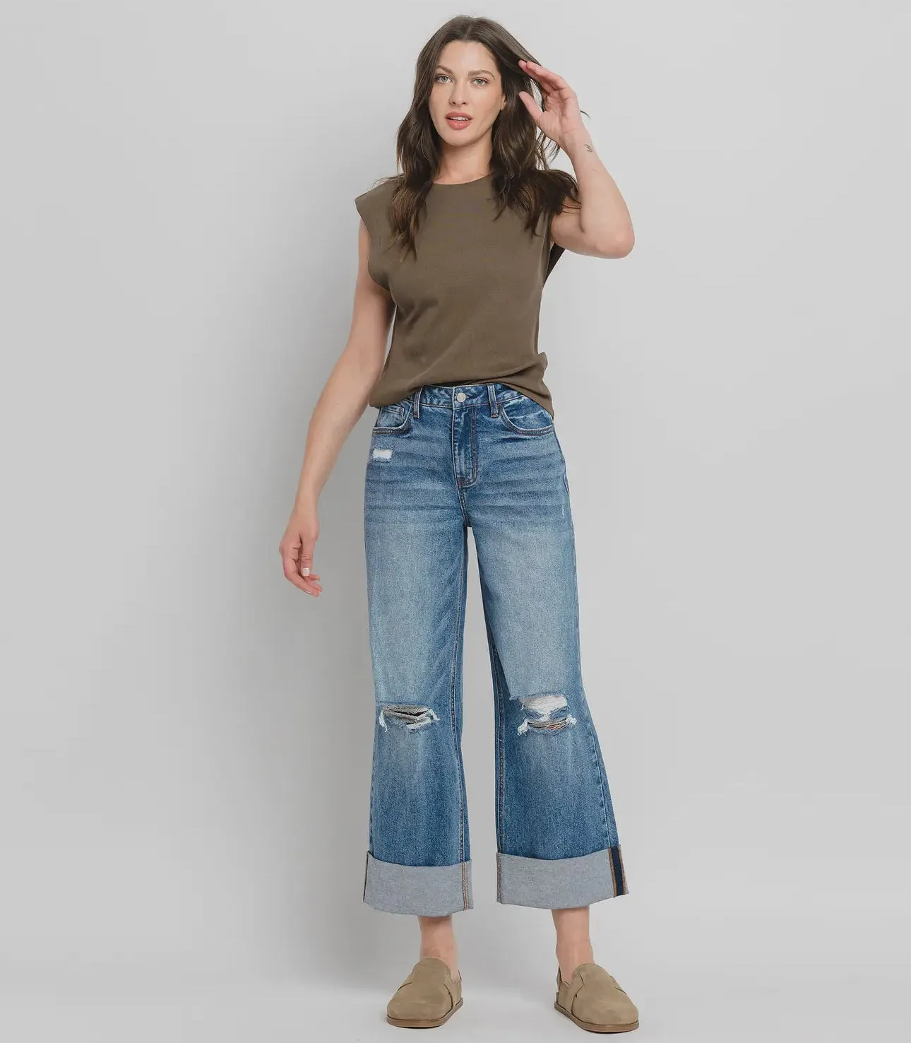 High Rise Wide Leg Cuffed Jeans