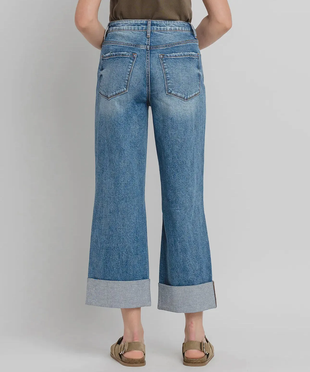 High Rise Wide Leg Cuffed Jeans