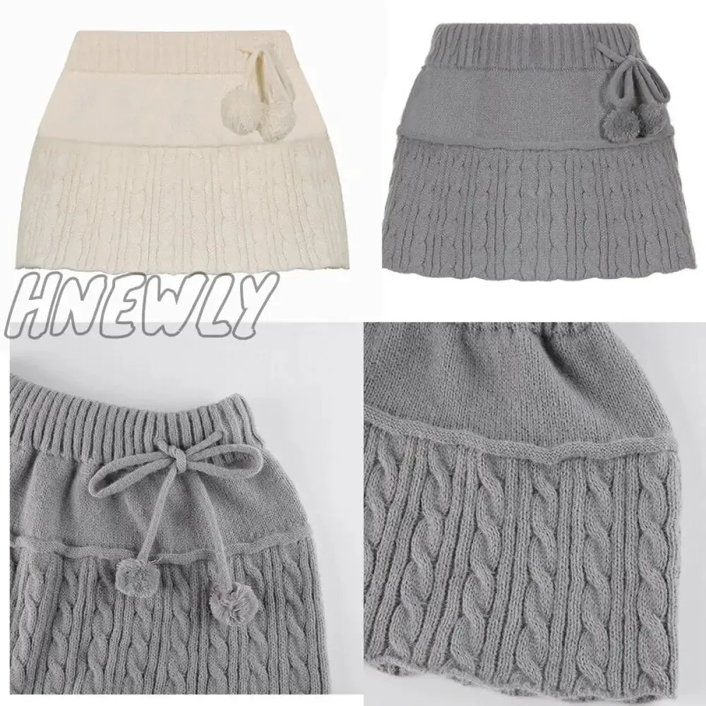 Hnewly y2k Knitted Mini Skirts Lace Up Fur Cute Sweet Pencil Skirts Twist Skinny Low Waisted Short Women Skirts Autumn Chic