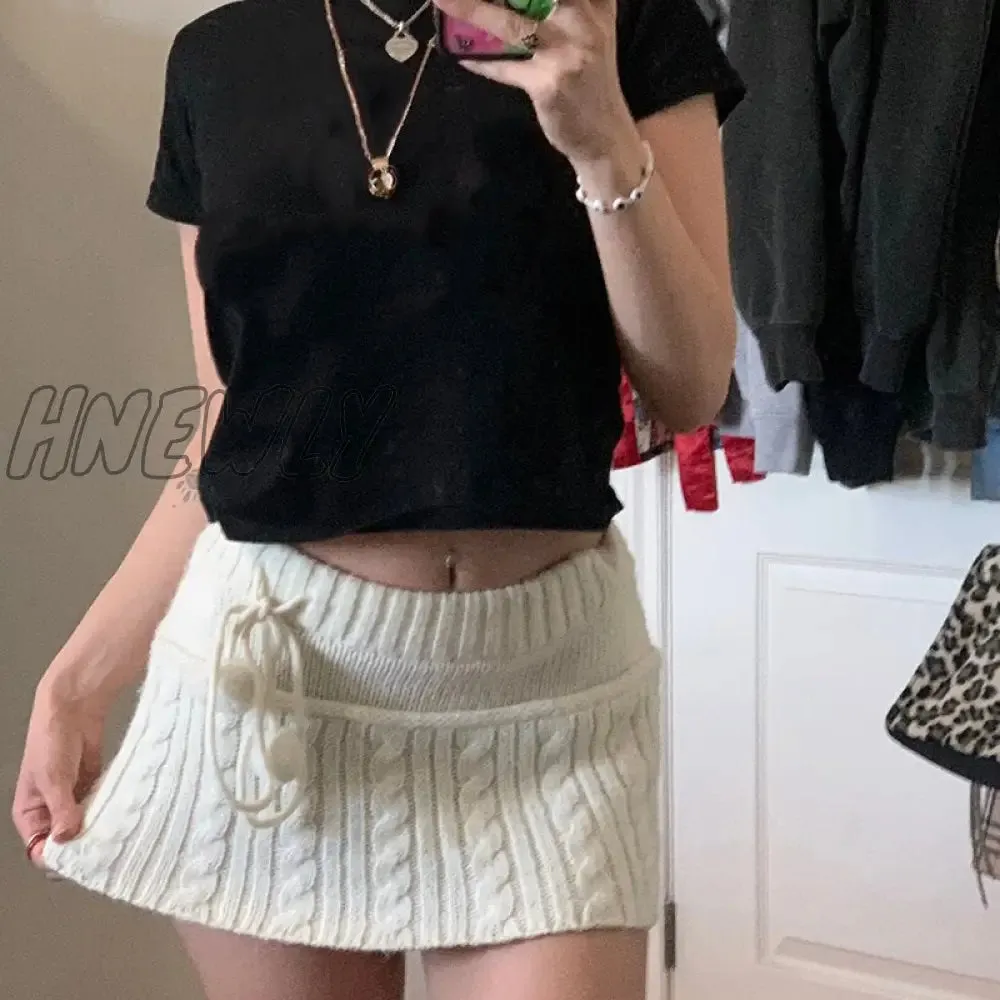 Hnewly y2k Knitted Mini Skirts Lace Up Fur Cute Sweet Pencil Skirts Twist Skinny Low Waisted Short Women Skirts Autumn Chic