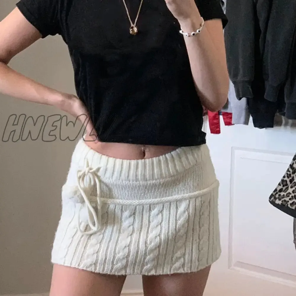 Hnewly y2k Knitted Mini Skirts Lace Up Fur Cute Sweet Pencil Skirts Twist Skinny Low Waisted Short Women Skirts Autumn Chic