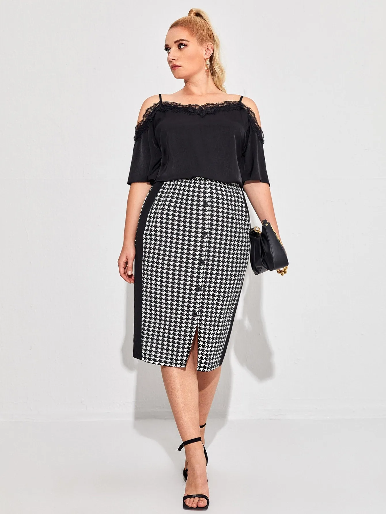 Houndstooth Button Front Midi Plus Size Skirt