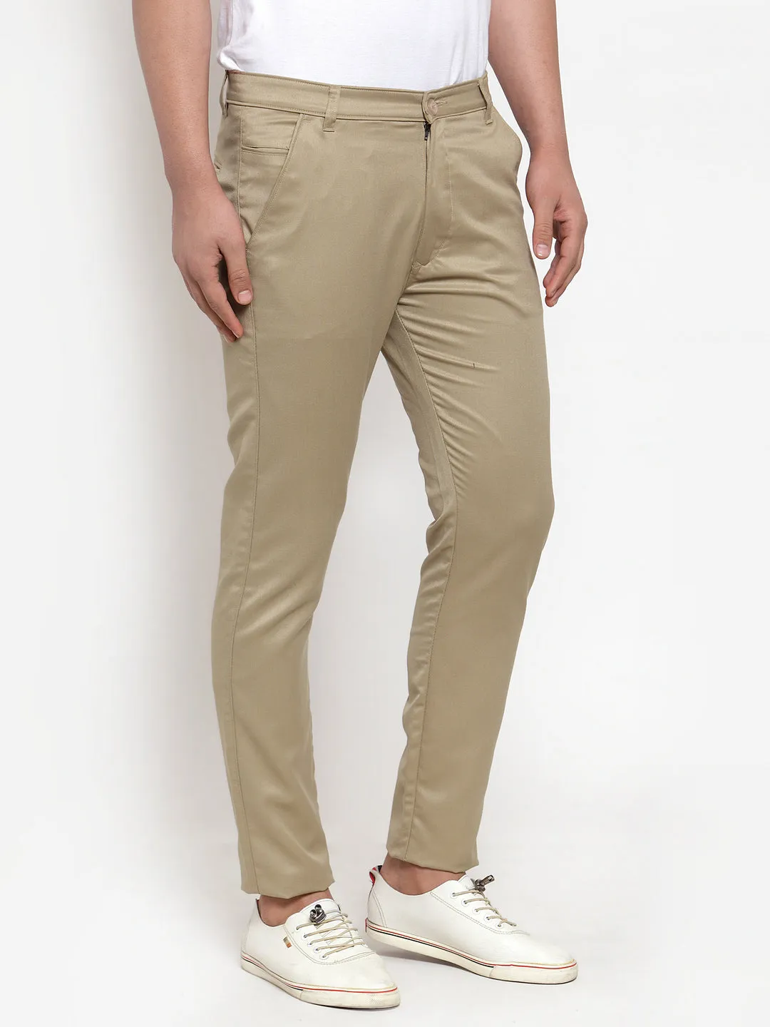 Jashvi Men Beige Slim Fit Formal Trousers