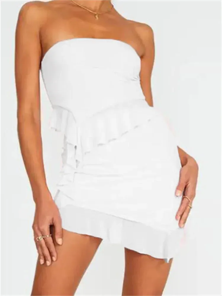 JuliaFashion - Mesh Patchwork Strapless Ruffles Tube Tops Irregular Hem Mini Skirts Suits