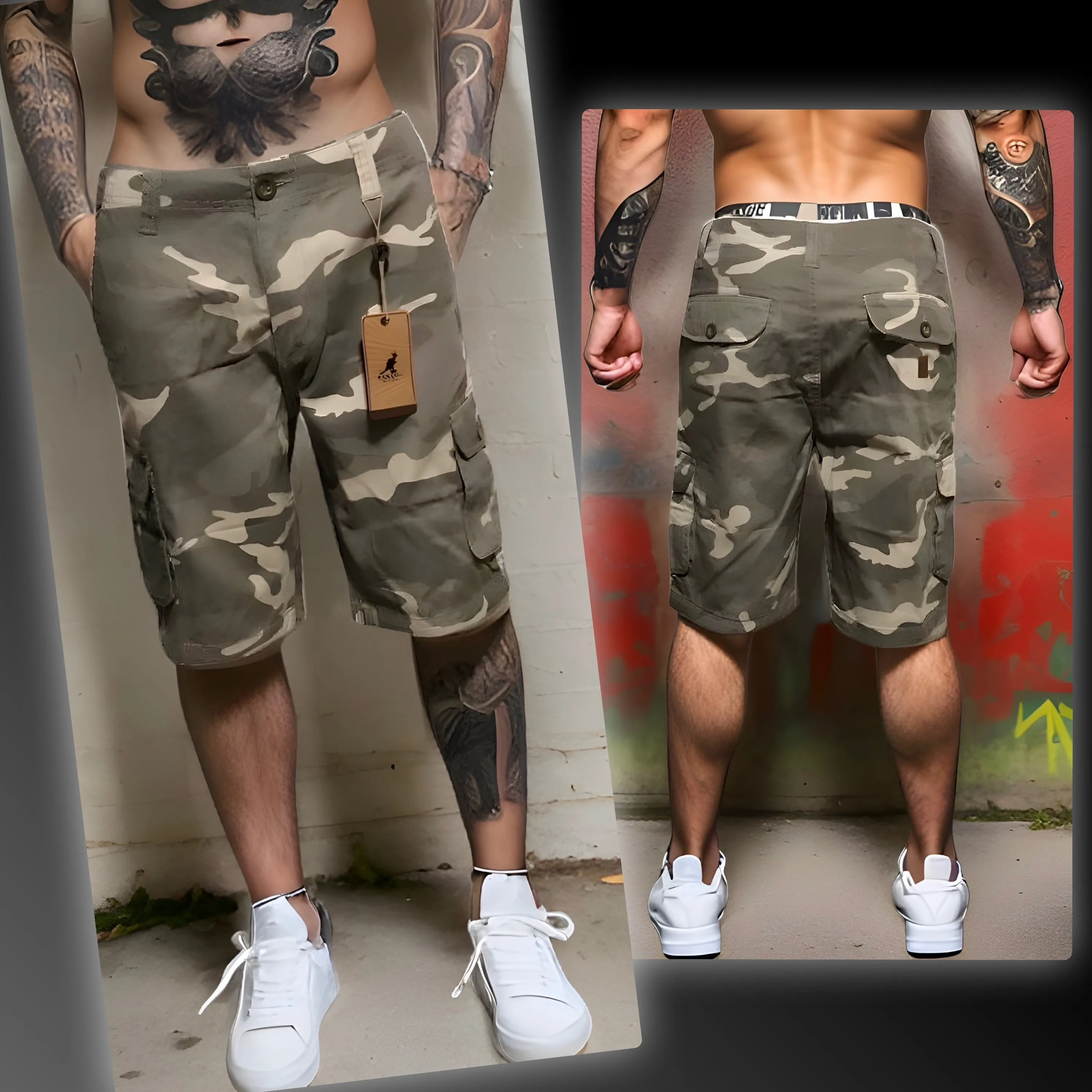 ^KANGOL^ KHAKI CAMOUFLAGE CARGO SHORTS