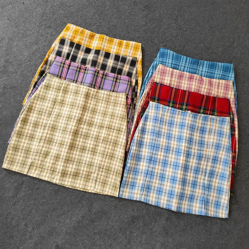 Korean Vintage Splitted Chequered Trendy Street Style Slimming Hip Flattering mini Women Pencil skirt