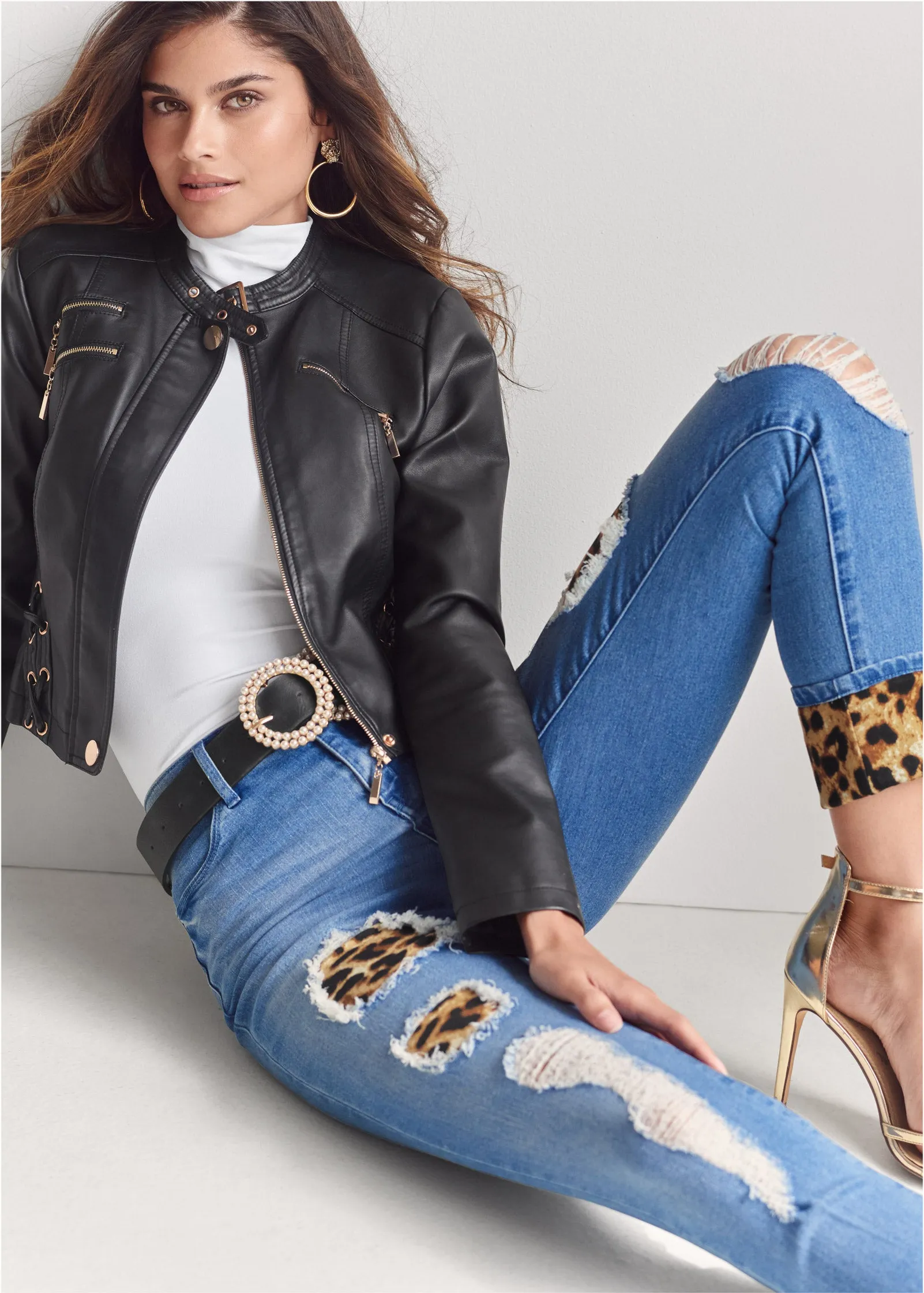 Leopard Cuffed Jeans - Light Wash