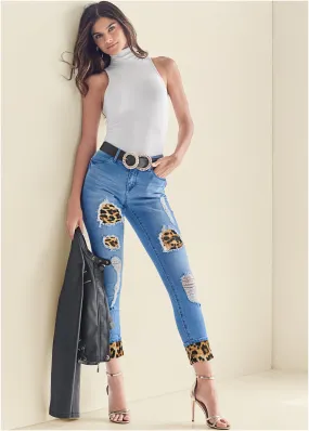 Leopard Cuffed Jeans - Light Wash