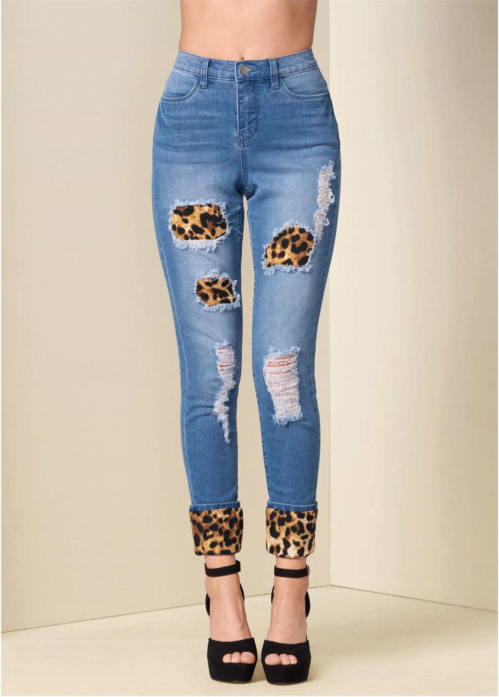 Leopard Cuffed Jeans - Light Wash