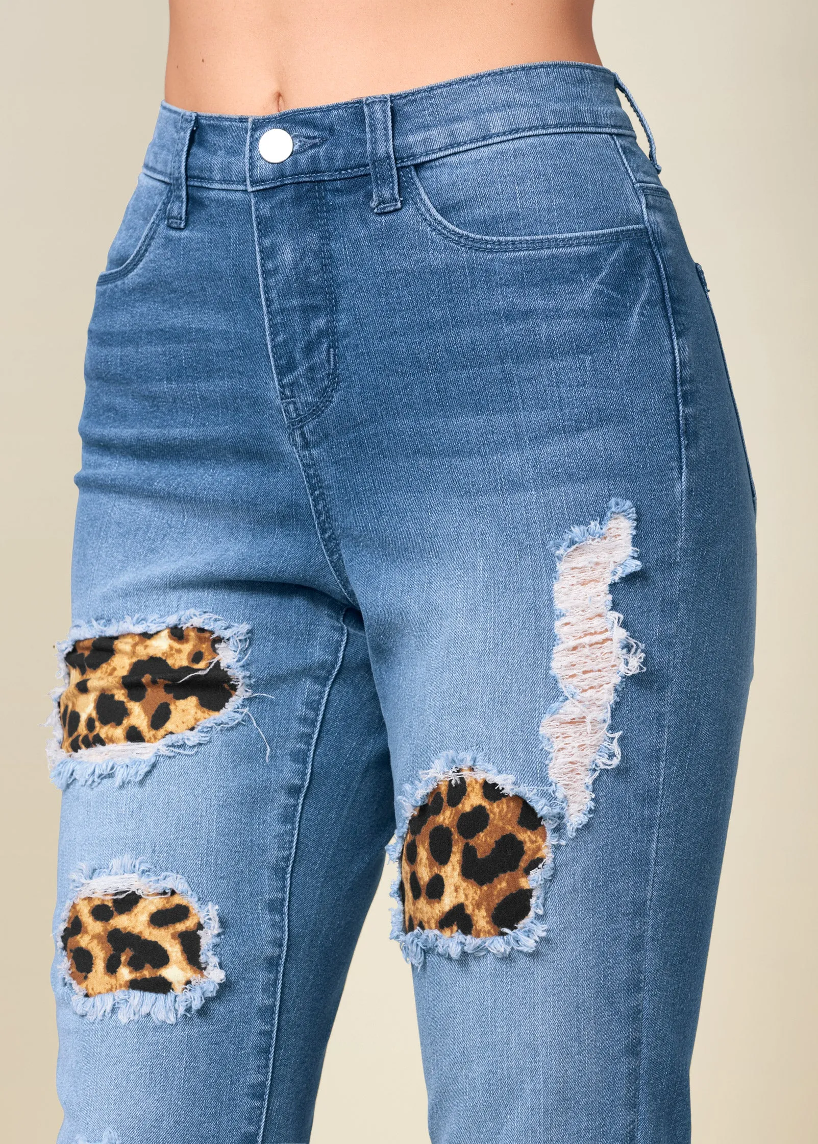 Leopard Cuffed Jeans - Light Wash