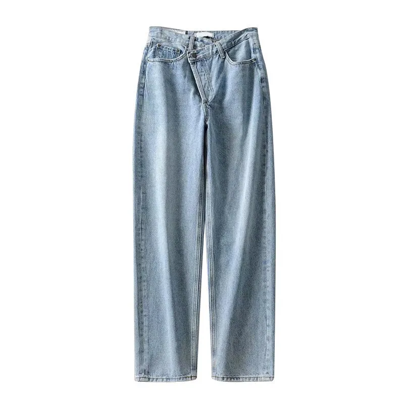 Light Blue Straight Cut Wide Leg Denim Trousers