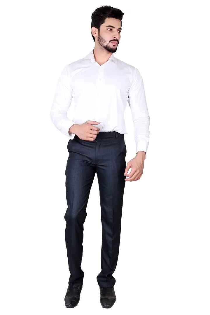 Men's Blue Polyester Blend Solid Mid-Rise Formal Trouser