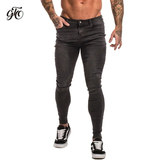 Mens Super Skinny Jeans Non Ripped Stretch Pants Elastic Waist