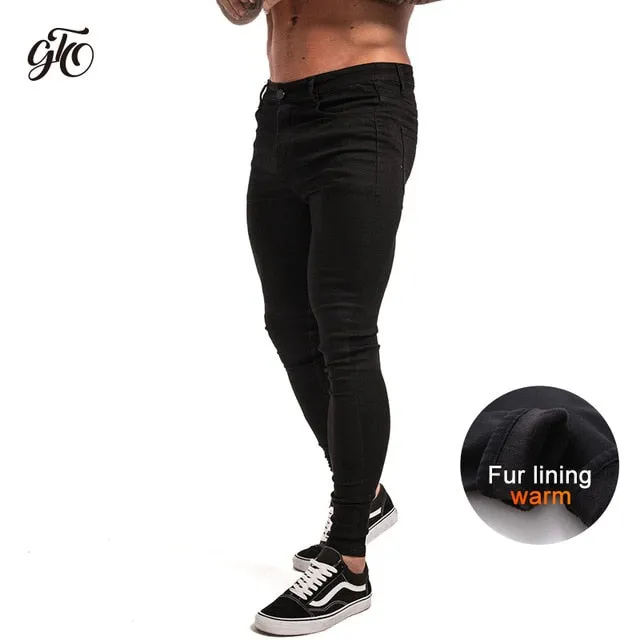 Mens Super Skinny Jeans Non Ripped Stretch Pants Elastic Waist