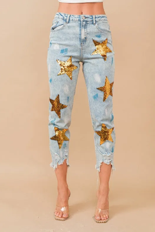 Paint Effect Garment Washed Mid Rise Denim Jeans