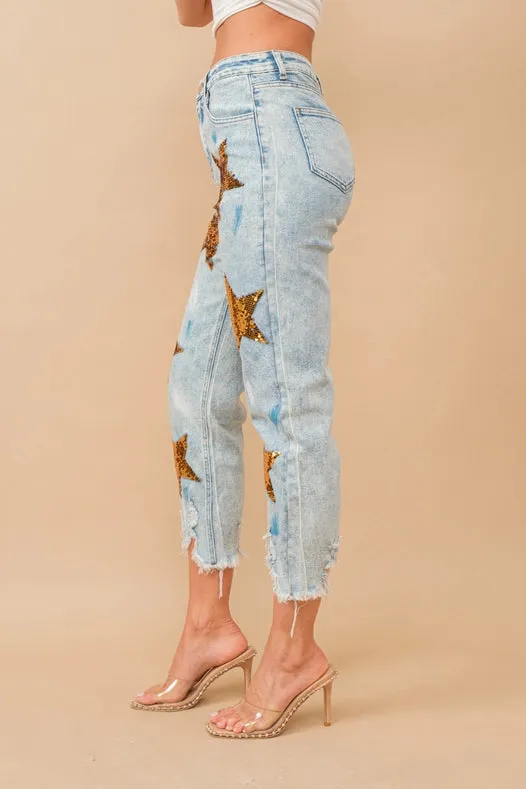 Paint Effect Garment Washed Mid Rise Denim Jeans