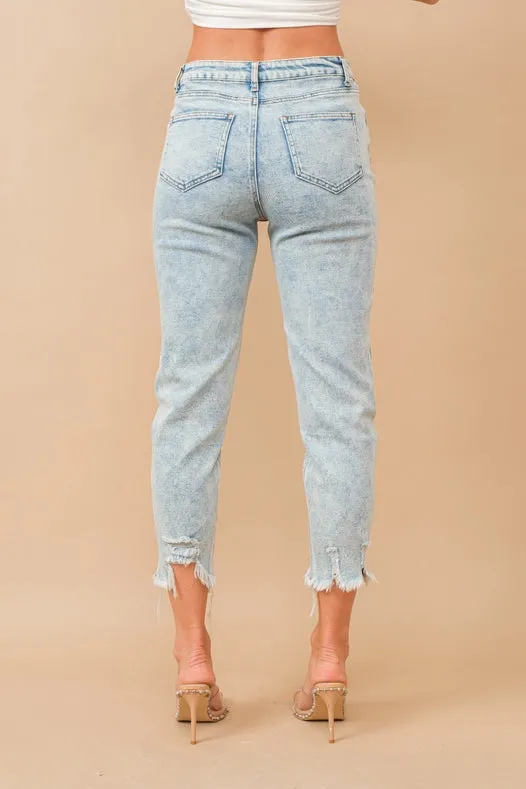 Paint Effect Garment Washed Mid Rise Denim Jeans