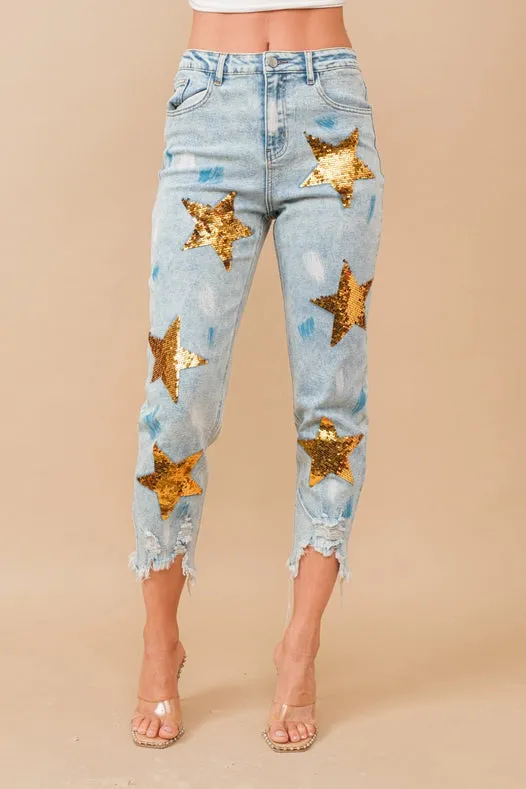 Paint Effect Garment Washed Mid Rise Denim Jeans