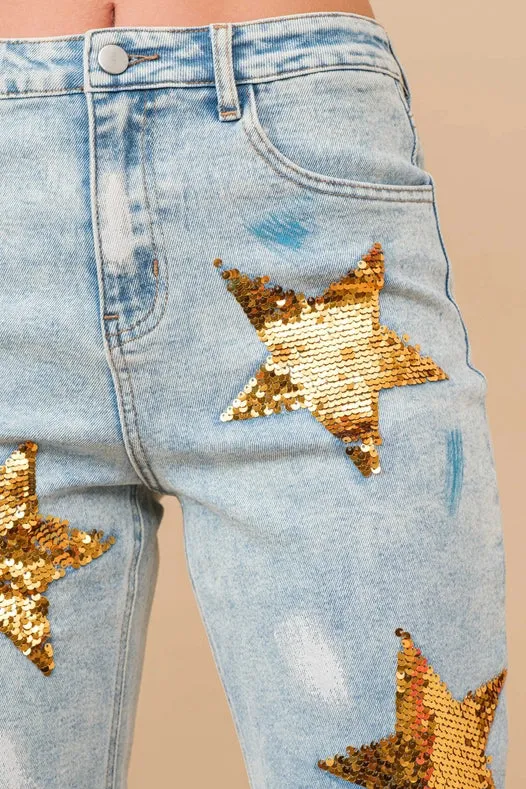 Paint Effect Garment Washed Mid Rise Denim Jeans