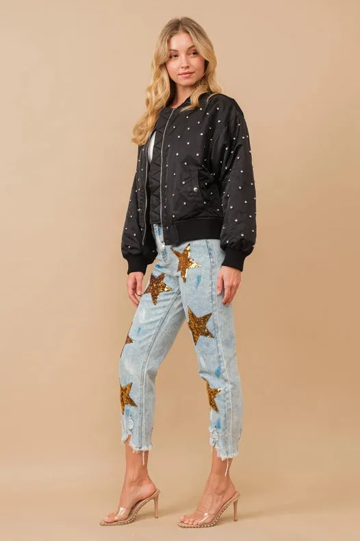 Paint Effect Garment Washed Mid Rise Denim Jeans