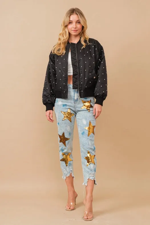 Paint Effect Garment Washed Mid Rise Denim Jeans