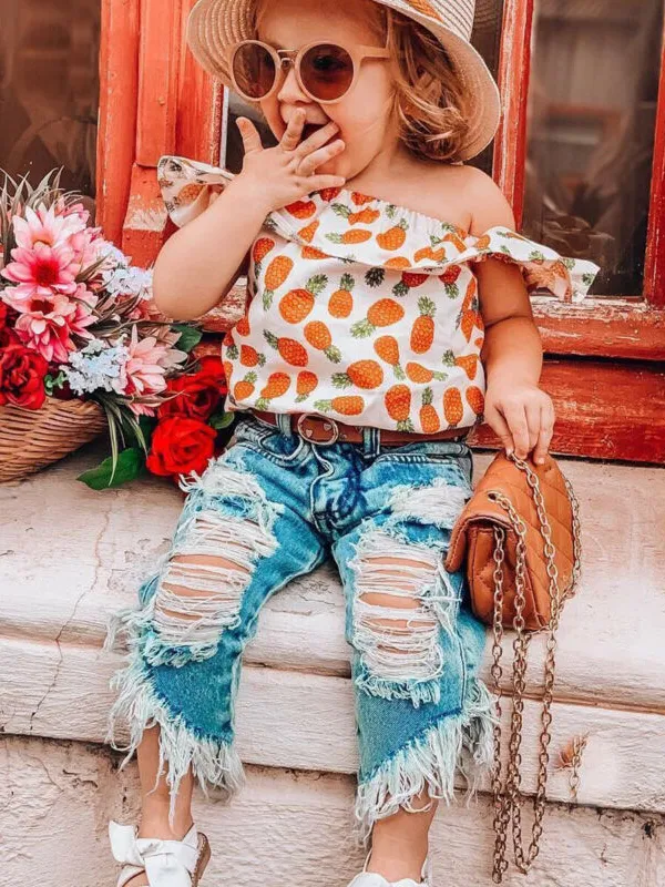 Pineapple Princess Distressed Jeans Set