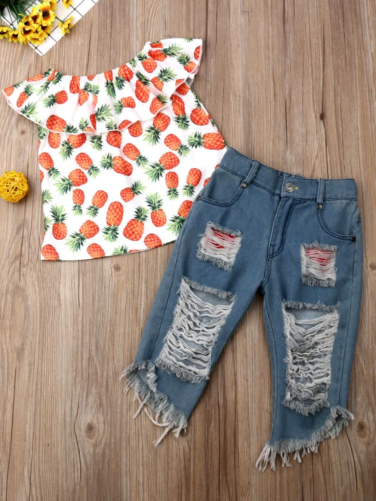 Pineapple Princess Distressed Jeans Set