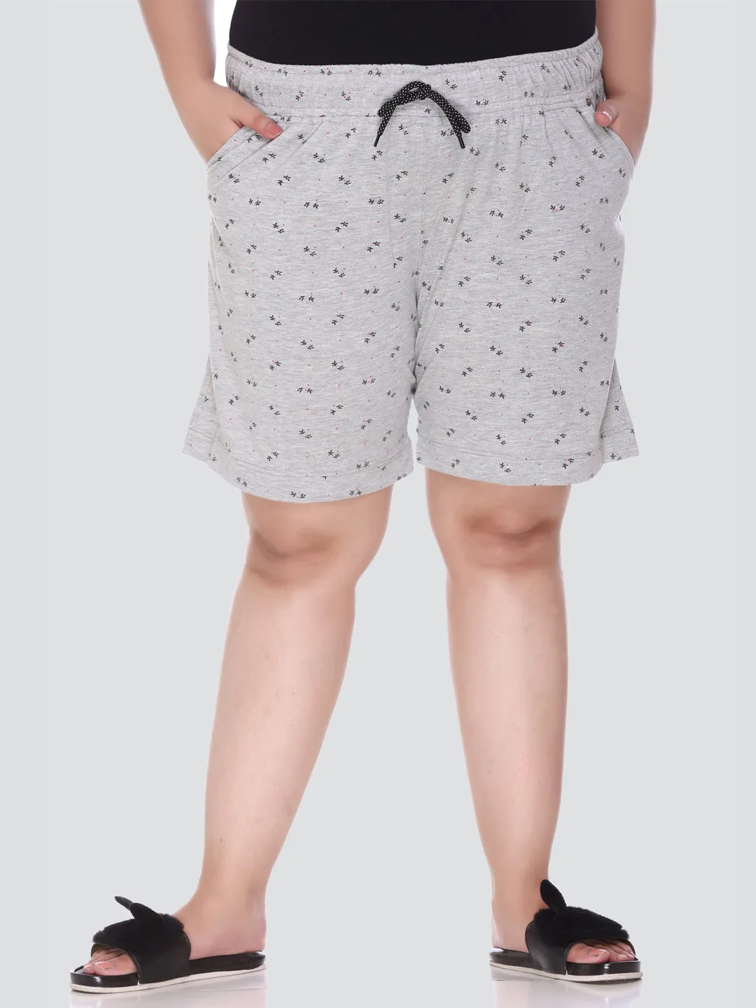 Plus Size Cotton Shorts For Women - Printed Bermuda - Grey