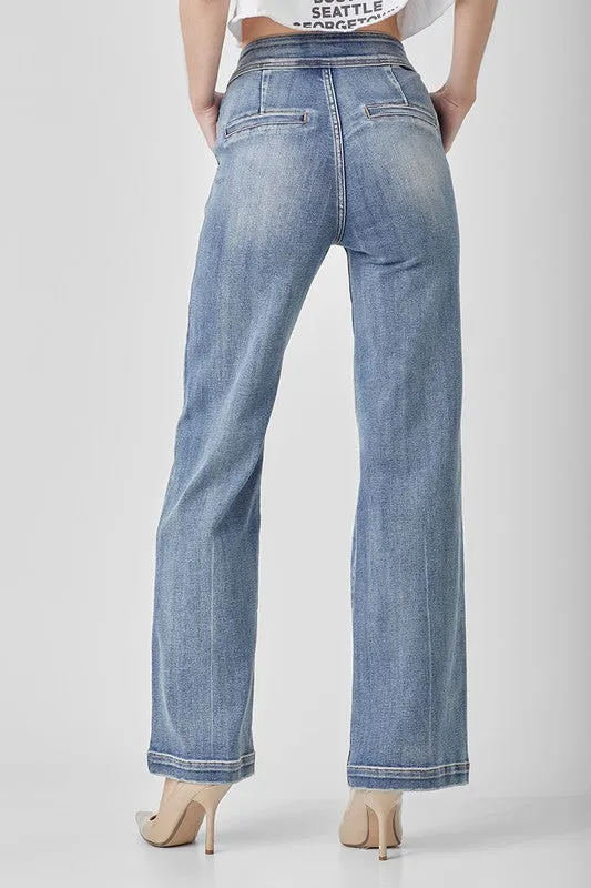 Risen Button Fly Wide Leg Jeans