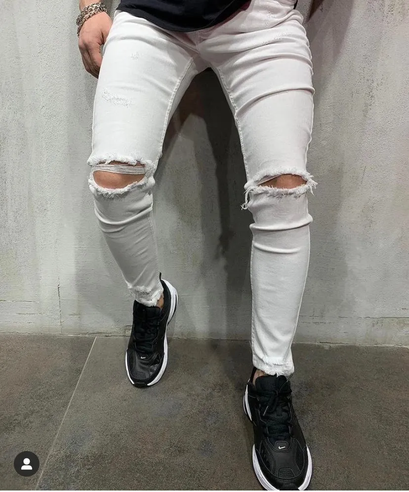 White Distress Jeans Cut on Knees